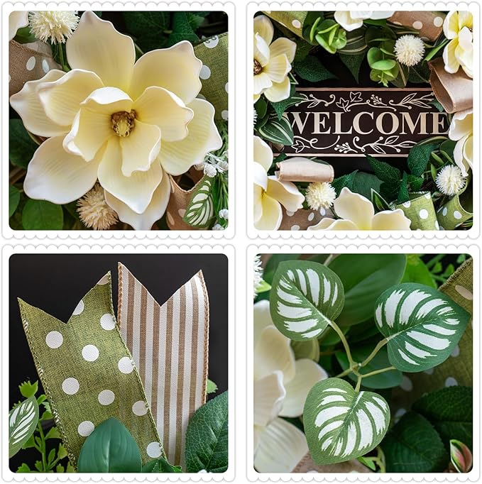 Spring Summer Wreaths for Front Door Outside 26 Inch, Magnolia Summer Wreath with Ribbons and Welcome Sign, Farmhouse Outdoor Spring & Summer Door Wreath for Front Door, Neutral Floral Decor