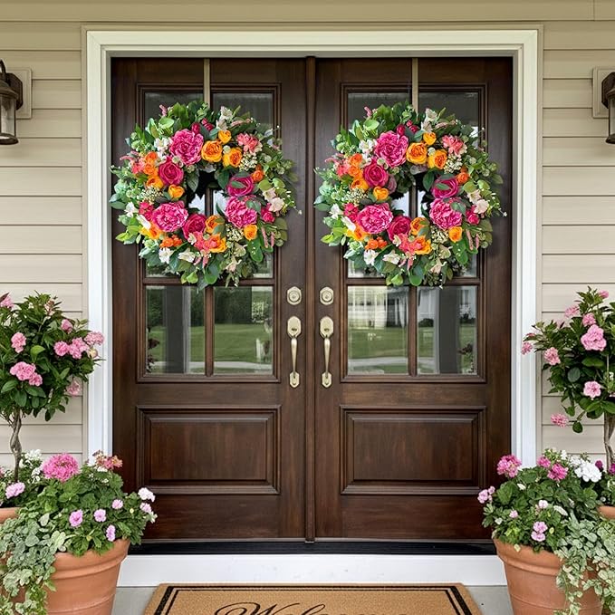 24 Inch Spring Wreaths for Front Door Outside,Handcrafted Garden Rose & Peony Style Summer Wreath with Pink,Orange Ivory Flowers- Lush Spring Door Wreath for Farmhouse Home Wall Porch Window