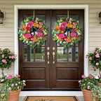 24 Inch Spring Wreaths for Front Door Outside,Handcrafted Garden Rose & Peony Style Summer Wreath with Pink,Orange Ivory Flowers- Lush Spring Door Wreath for Farmhouse Home Wall Porch Window