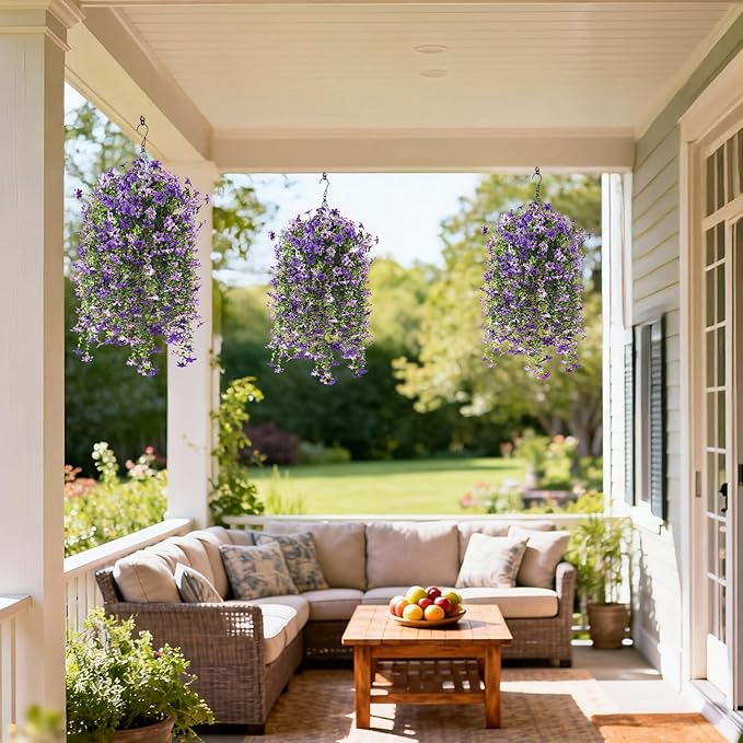 Artificial Hanging Flowers for Outdoors, 2 Pcs Fake Hanging Flowers Spring Summer Decor, UV Resistant Faux Artificial Outdoor Plants for Planter Front Door Porch Patio Garden Yard(Gradient Purple)