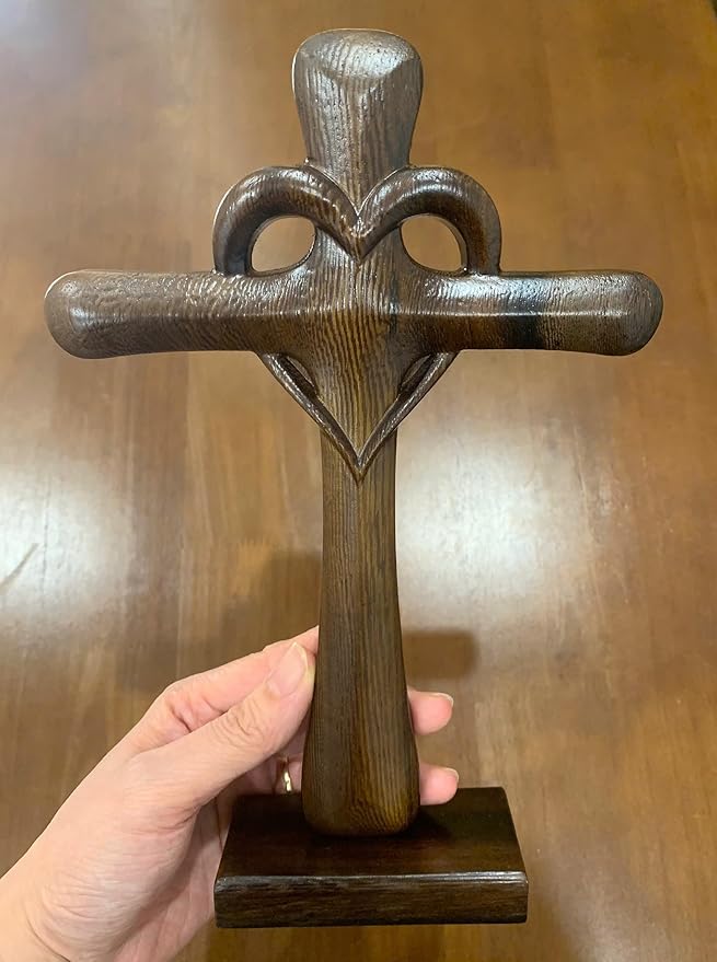 DAICAT - Hand-carved Wooden Cross Wall Decor, 10 Inch Tall Larger Cross for Home Decor, Cross Decor for Wall, Hand made Wood Crosses Wall and Table, Wedding Gifts for Couple (No 5)