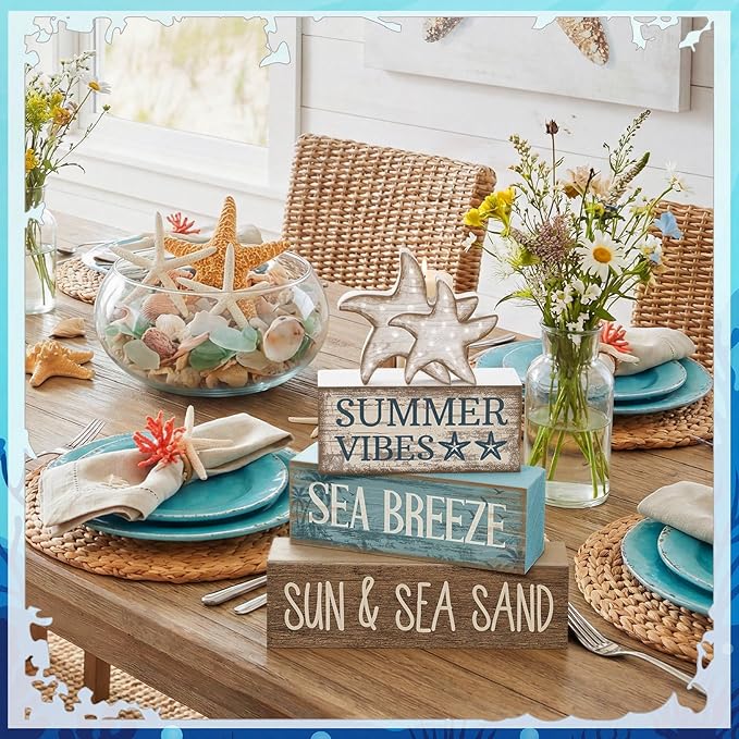 Yuntau 4 Pcs Summer Beach Decorations for Home Beach Tiered Tray Decor Starfish Coastal Rustic Starfish Wooden Block Table Sign Stacked Book Nautical Table Centerpiece for Farmhouse Office Desk Shelf