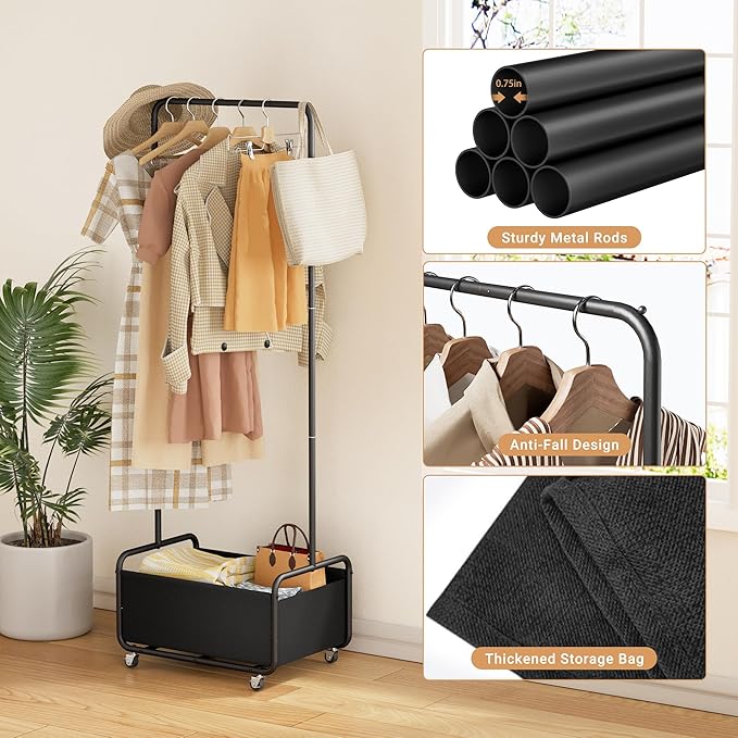 Dunatou Small Clothes Rack with Wheels & Bottom Basket – Heavy Duty Rolling Garment Rack for Small Spaces, Rolling Clothing Rack for Small Spaces, Bedroom, Laundry Room & Closet, 15.7" W, Black