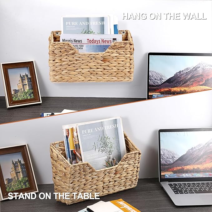 BTSKY Woven Hanging Magazine Holder, Water Hyacinth Magazine Basket, Wall Mounted Storage Basket for Books & Files, Wall File Organizer Magazine Rack with Handle for Home & Office - 13.2x2.8x8.9 Inch