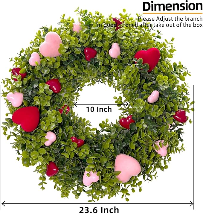 HipTree 18 Inch Spring Mothers Day Heart Wreath for Front Door,Artificial Boxwood Wreath with Flocked Pink & Red Hearts- Romantic for Valentines Day,Anniversary,Wedding,Indoor Outdoor and Wall Decor