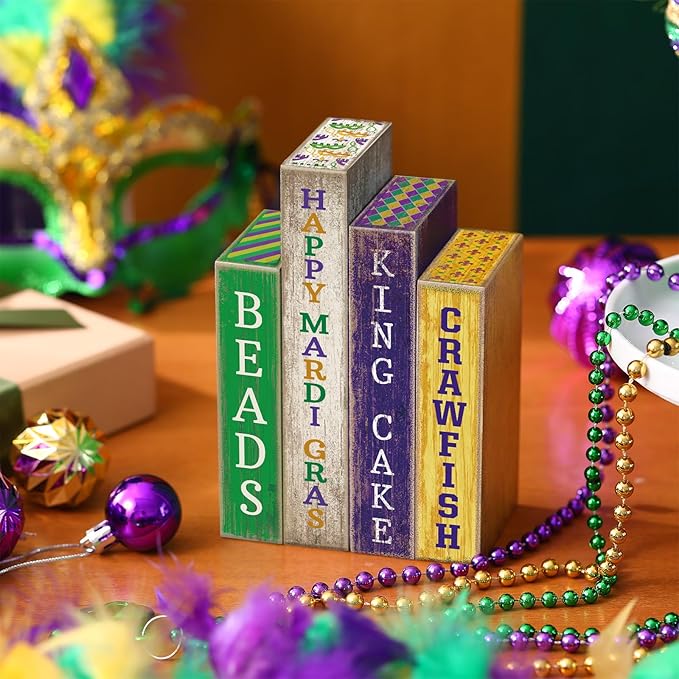 Lineshading 4 Pcs Mardi Gras Table Decor Rustic Wooden Book Sign Carnival Tiered Tray Decor Farmhouse Tabletop Sign Centerpieces for Mardi Gras Carnival Home Shelf Decoration