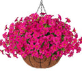 INSPRING Artificial Fake Hanging Flowers Baskets for Outdoors Spring Plants, UV Resistant Outdoor Faux Silk Petunias in Planter Look Real Morning Glory for Outside Patio Porch Balcony Garden, Fuchsia