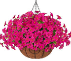 INSPRING Artificial Fake Hanging Flowers Baskets for Outdoors Spring Plants, UV Resistant Outdoor Faux Silk Petunias in Planter Look Real Morning Glory for Outside Patio Porch Balcony Garden, Fuchsia