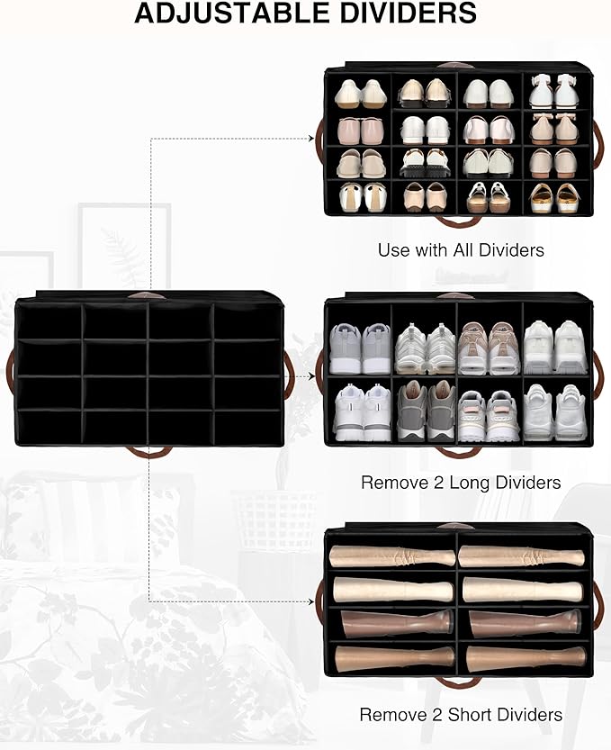 STO STO Shoe Organizer for Closet, Fits Up to 16 Pairs, XL Shoe Box Containers with Adjustable Dividers, Clear Cover Shoe Storage Bins, Stackable Space Saving Shoes Holder for Shoes and Boots, Black