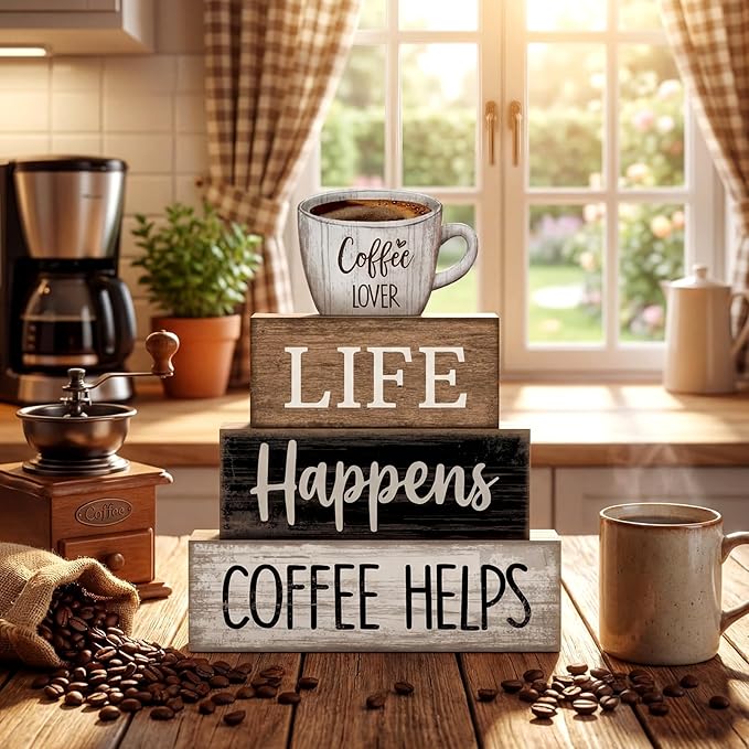 Moucuny 4 Pcs Farmhouse Coffee Bar Table Decor Vintage Wooden Stacked Block Sign - 'life Happens Coffee Helps' Table Centerpiece Rustic Wood Bar Sign Gift for Home Kitchen Shelf Tiered Tray Decor