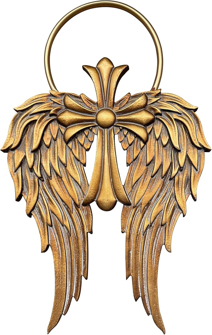 Sintosin Vintage Gold Angel Wings Wall Decor Small 14 X 22 Inch, Hanging Antique Religious Christian Cross Wall Art with Metal Halo, Decorative Wood Sculptures Home Decor for Hallway Living Room