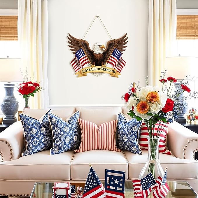 250 Anniversary 4th of July Decoration Door Wreath for Front Door Sign Patriotic Eagle Wall Signs 250 Years of Freedom 1776-2026,Independence Day Patriotic Day Wreath Memorial Day Hanging for Home