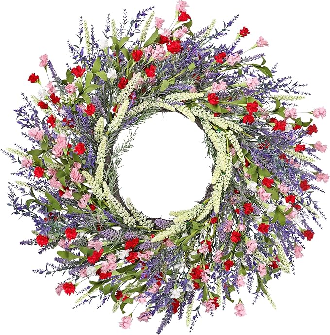 LZNPA 26 Inch Large Lavender Wreath for Front Door Greenery Summer Spring Wreaths for Front Door Wreaths for Front Door All Seasons for Wedding Farmhouse Wall Porch Window Decor(Red Pink Lavender)