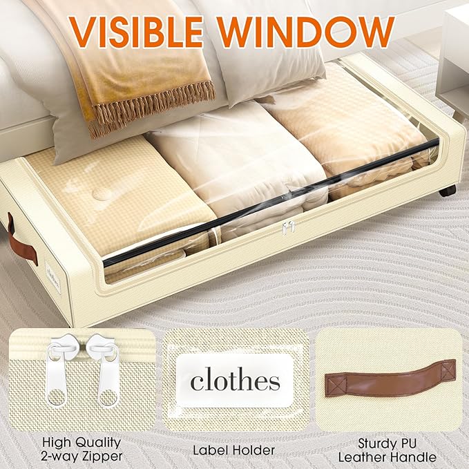Under Bed Storage with Wheels 2Pack Underbed Storage with Clear Window&Label Under Bed Drawers Large Capacity Rolling Under Bed Storage for Clothes,Shoes, Blankets (Beige)