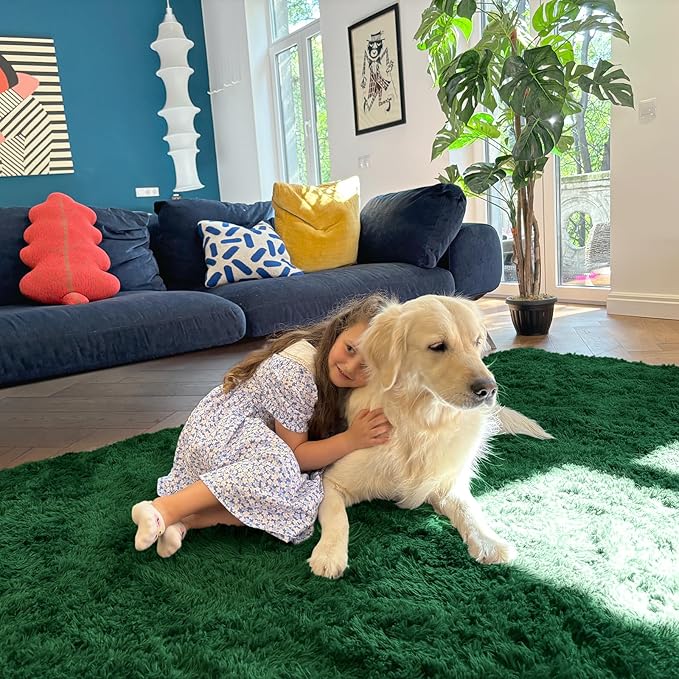 OLANLY 2x8 Machine Washable Runner Rugs for Hallway, Soft Fluffy Shaggy Bedside Rugs for Bedroom, Living Room, Indoor Floor Carpet for Kids Girls Boys, Nursery Rooms, Home Decor Aesthetic, Dark Green