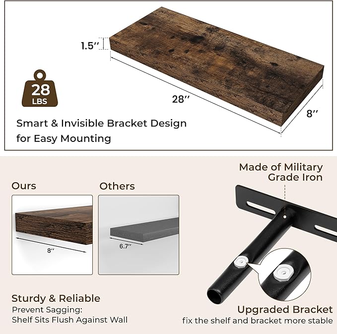 RICHFOCUS 28Inch Floating Shelves for Wall 2 Pack Shelves for Bedroom|Kitchen|Bathroom|Laundry Room Rustic Wood Wall Mounted Shelf with Invisible Brackets for Books|Storage|Decor, Rustic Brown