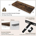RICHFOCUS 28Inch Floating Shelves for Wall 2 Pack Shelves for Bedroom|Kitchen|Bathroom|Laundry Room Rustic Wood Wall Mounted Shelf with Invisible Brackets for Books|Storage|Decor, Rustic Brown
