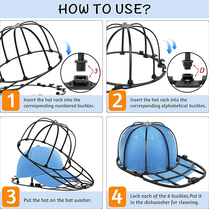 2 Pack Hat Washer Cage for Washing Machine Baseball Cap Washer for Dishwasher, Hat Racks Cleaner Holder for Adults and Kids Ball Hats Cleaning, Black