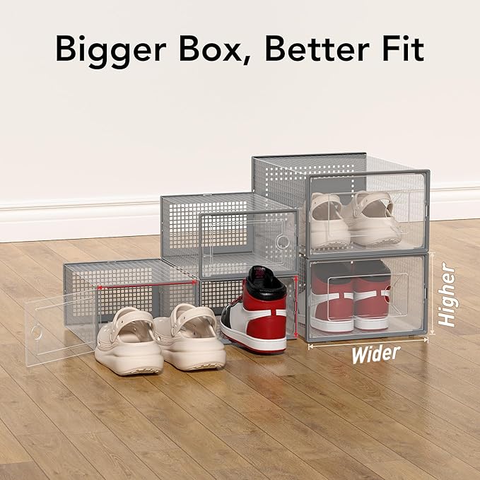 X-Large Shoe Storage Box, 15 Pack Clear Plastic Stackable Shoe Organizer for Closet, Interlocking Design Shoe Container Bins for Sneakers, Foldable Shoe Rack with Lids, Gray