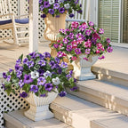 HyeFlora Artificial Flowers for Outdoors 2PCS Spring Faux Morning Glory Look Real Silk Flowers for Outside Planter UV Resistant Fake Flowers for Home Garden Balcony Yard Porch Deco Purple