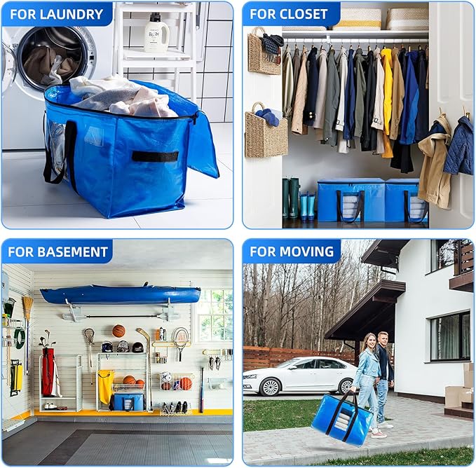 TAILI Extra Large Moving Bags, 10 Pack Blue Heavy Duty Totes for Storage with Visible Window, Wrap Around Handles, Storage Bags for Space Saving, Alternative to Moving Boxes
