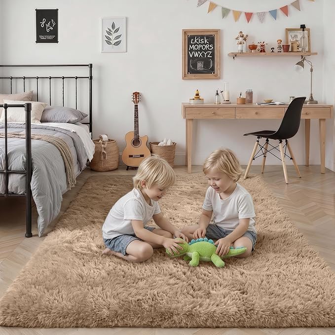 Fluffy 4x6 Area Rugs for Living Room Bedroom: Ultra Soft Shag Rug Non-Slip Non-Shedding Small Plush Bedside Rug Indoor Floor Carpets for Kids Room Playroom Entryway Nursery Dorms Home Decor Beige