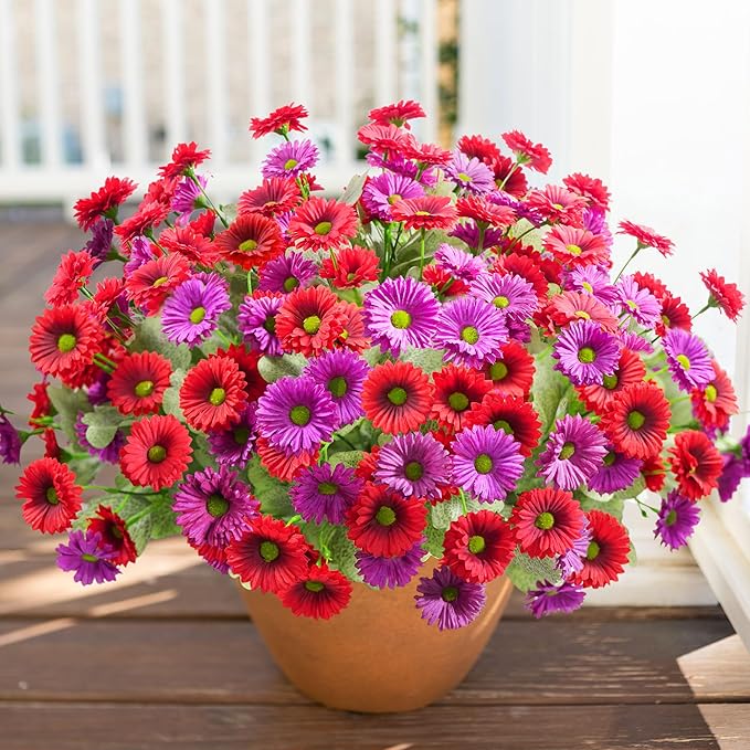 HyeFlora Artificial Flowers for Outdoors Spring Summer Decor, 6 Bundles Fake Daisy Silk Flowers for Outside Realistic UV Resistant Faux Plants for Outdoor Planters Porch Porch Patio Balcony Yard Home
