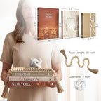 JULZEN Linen Decorative Books for Home Decor - Aesthetic Set of 3 Beige Fake Books for Coffee Table Decor with Faux Book Box Storage, Wood Knot & Bead Garland - Neutral Living Room Decoration