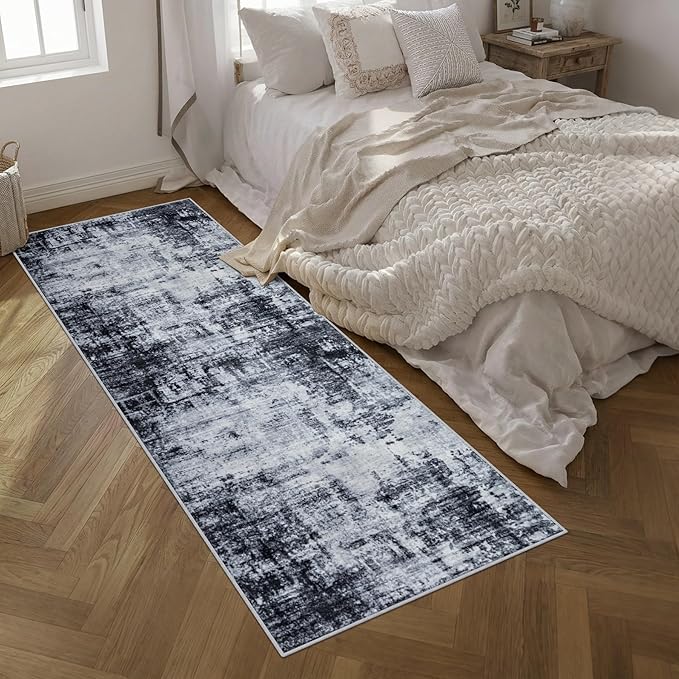 Washable Area Rug 3x10 Entryway Rug: Washable Modern Abstract Soft Thin Rug Indoor Floor No Slip Stain Resistant Carpet for Bedroom Dining Room Farmhouse Nursery Home Office - Dark Black