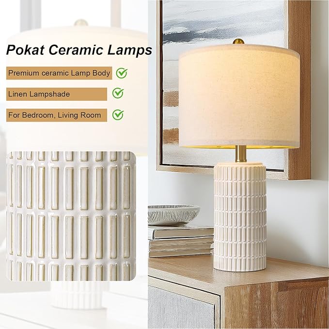 PoKat 20.75" Small Modern Ceramic Table Lamps Set of 2 for Bedroom, White Bedside Lamps for Night Stands, Farmhouse Desk Home Decor Gift Nightstand Table Lamps for Living Room End Table Beige