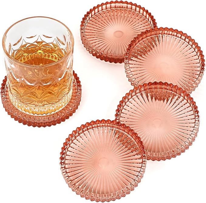 Modern Clear Coaster Set of 5- Glass Coasters for Drinks Crystal Coaster Round Cup Coasters Coffee Table Decor for Office, Kitchen, Bar, Dining Room, Living Room, Patio(Clear Red)