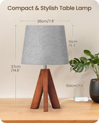 Tripod Table Lamp, 14.6" Small Bedside Lamp with Gray Linen Shade & Dark Wood Base, Modern Nightstand Lamp for Bedroom, Kids Room, Living Room, Nursery, Office, E26 Socket, LH51TL05