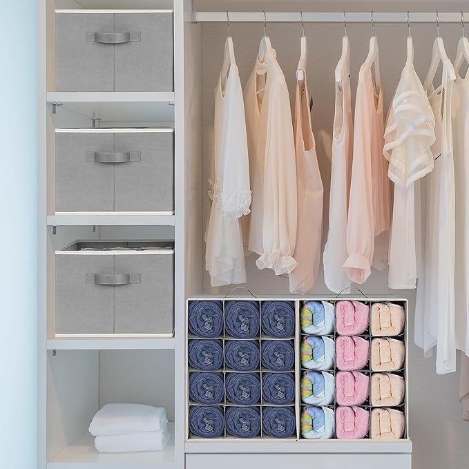 3 Pcs 12 Cell Large Size Pants Organizers for Clothes, Jeans, Sweater, T-shirt, Dress Stackable for Wardrobe Closet Drawer Organizer Storage Bin Container, Grey