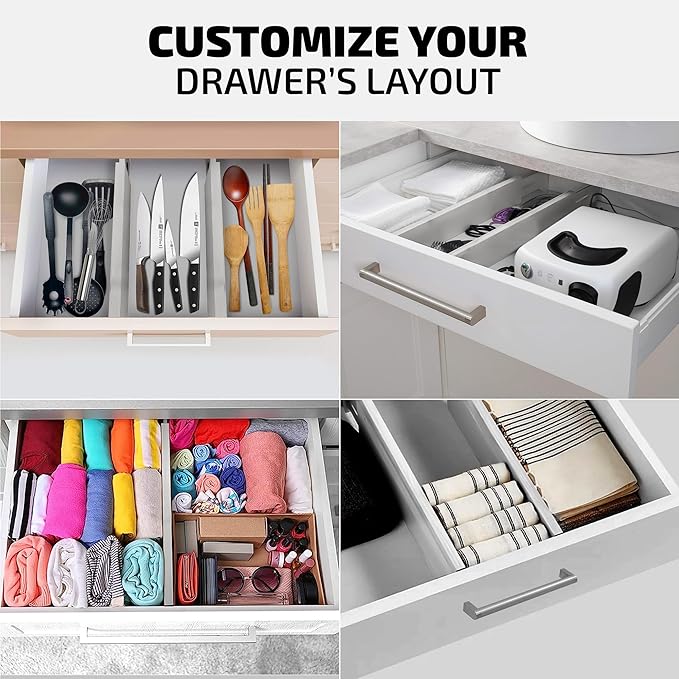 Bambüsi 4-Pack Bamboo Drawer Dividers - 2.6" High, 12.5"-17" Adjustable Drawer Organizers for Clothes, Expandable Dresser Separators in Bedroom/Bathroom/Kitchen/Office Organization and Storage (Grey)