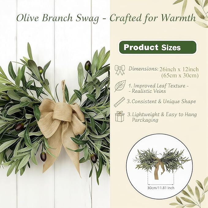 26" Farmhouse Olive Greenery Swag with Burlap Bow – Full Artificial Olive Leaf Swag for Front Door, Wall, Mantel & Table Décor, Realistic Year-Round Greenery Decoration (Green 1Pcs)