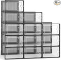Kuject Large Shoe Organizers Storage Boxes for Closet, 12 Pack Clear Plastic Stackable Storage Bins with Lids, Under Bed Shoe Containers for Entryway, Drop Front, Fit up to Women's Size 10,Black