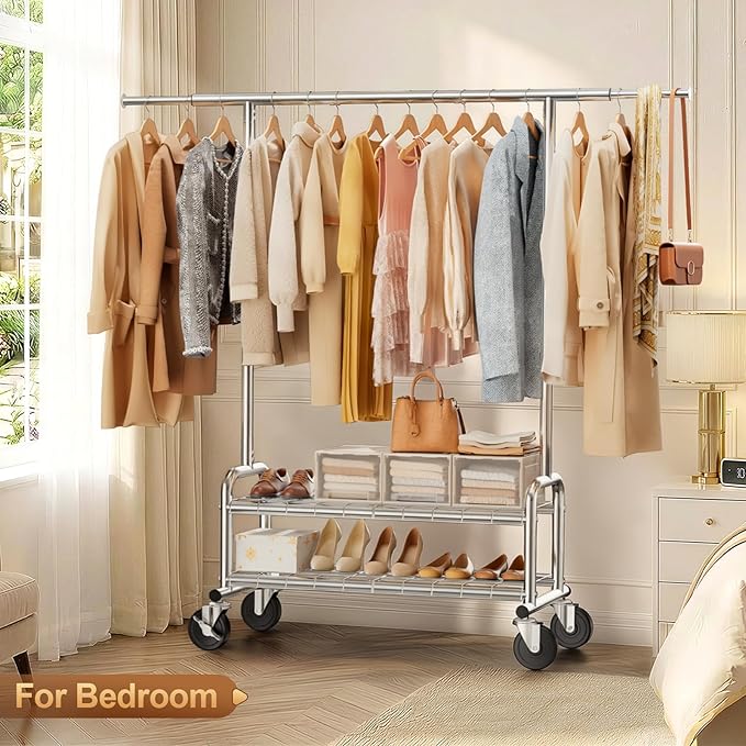 Heavy Duty Clothes Rack - Load 660 LBS, Rolling Clothing Rack for Hanging Clothes with Lockable Wheels & Shelves, Portable Garment Rack for Bedroom, Laundry, Living Room, Silver
