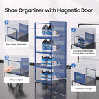 eWonLife Large Shoe Organizer Storage Box with Magnetic Door,12 Pack Clear Plastic Stackable Sneaker Containers for Closet, Connect Left and Right Shoe Box for Entryway, Drop Front, Under Bed (Blue)