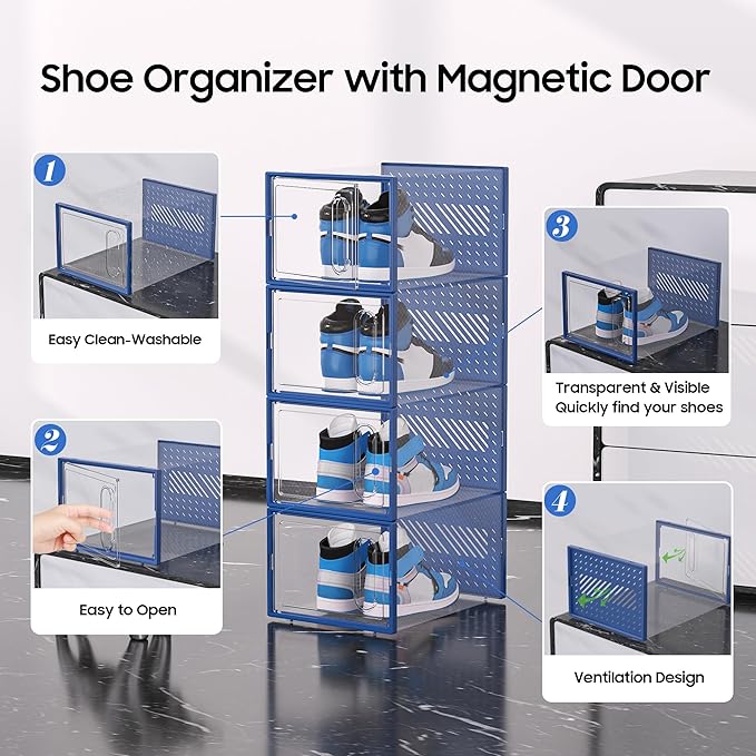 eWonLife Large Shoe Organizer Storage Box with Magnetic Door,12 Pack Clear Plastic Stackable Sneaker Containers for Closet, Connect Left and Right Shoe Box for Entryway, Drop Front, Under Bed (Blue)