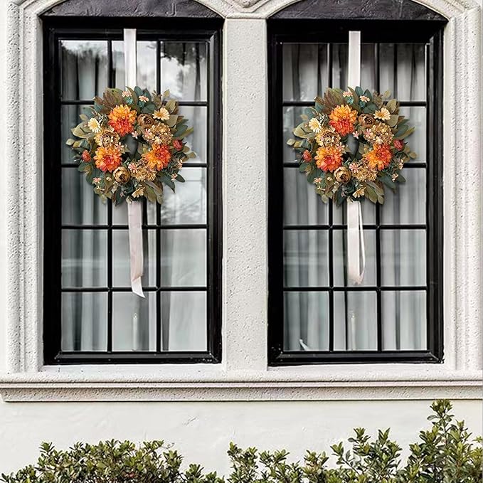 WANNA-CUL 24 Inch Spring Fall Wreaths for Front Door,Fall Wreath with Orange Hydrangea&Peony and Dahlia -Fall Decoration for Home-Fall Decor Door Wreath for Valentines Day,Mothers Day,Autumn,Harvest
