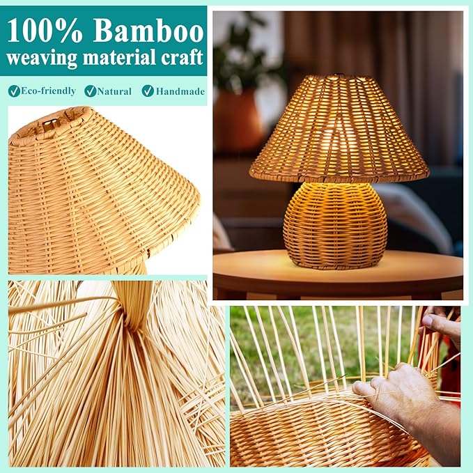 WERFOP Bamboo Table Lamp Handmade Boho Rattan Bedside Lamp,3 Colors Adjustable Vintage Wicker Wooden Nightstand Lamp with E26 Bulb for Bedroom Living Room Desk Entrance