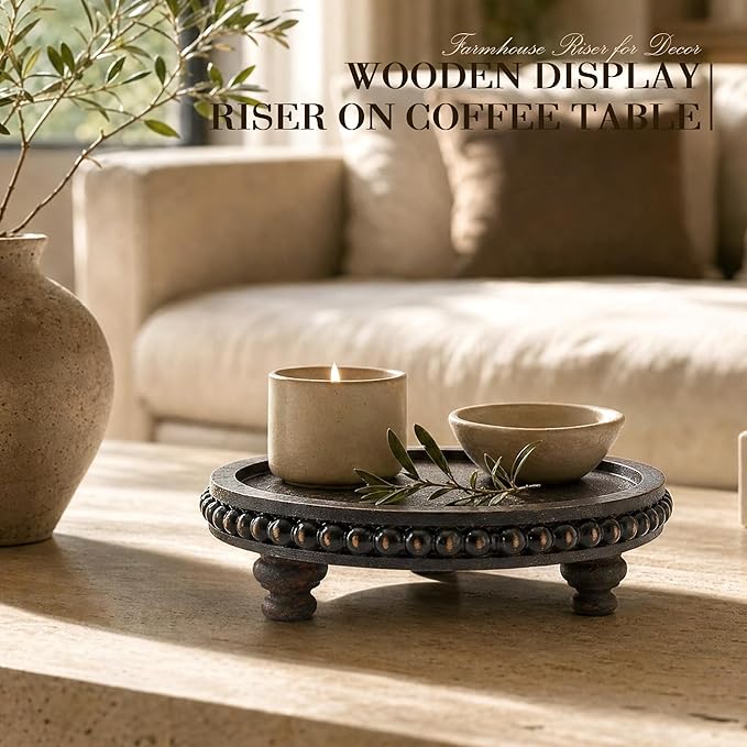 EOSAHR Rustic Round Pine Wooden Riser with Beaded for Home Decor - Decorative Tray for Farmhouse Decor Coffee Table - Pedestal Stand for Kitchen Counter Organizer & Cake Stand (Distressed Black)