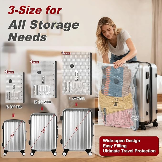Rechargeable Wireless Pump Travel Storage Bags Set, 12 Combo (4S/4M/4L) Portable Space Saver Bags for Travel & Home, Vacuum Compression Packing Seal for Clothes, Blankets, Home Seasonal Storage