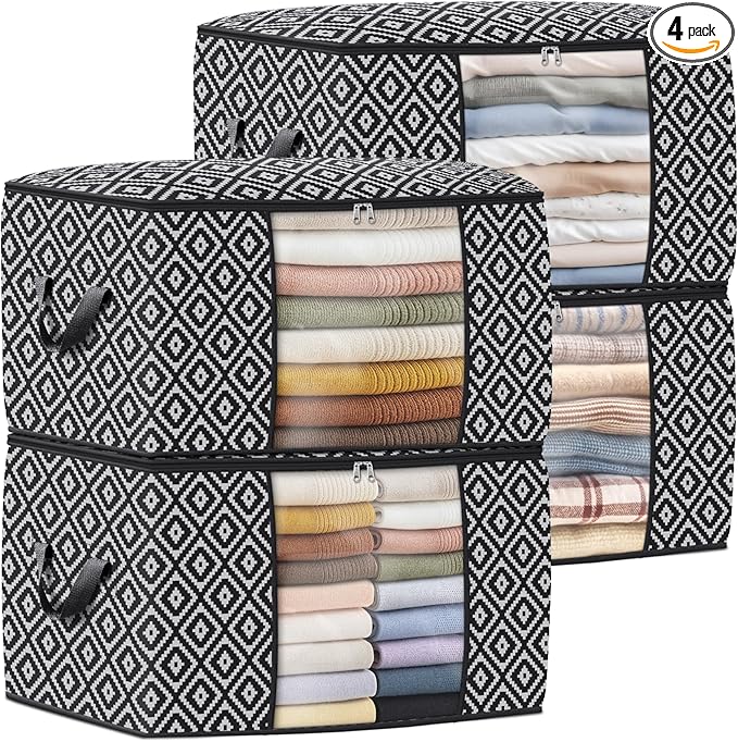 Direct 100L, 4 Pack, Storage Containers, Large Clothes Storage Bins Foldable Organization and Storage Bags with Reinforced Handle, Clear Window for Bedding, Blankets, Clothing, Black
