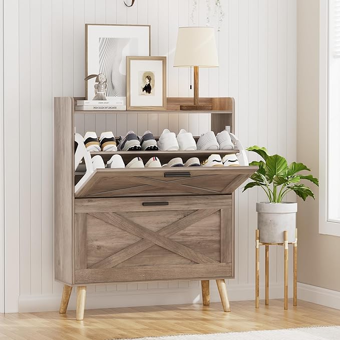 32" W Farmhouse Shoe Storage Cabinet with 2 Flip Drawers and Barn Door Design, Adjustable Shelves, Modern Hidden Slim Narrow Shoe Rack Cabinet for Entryway, Foyer, Hallway, Living Room, Greige