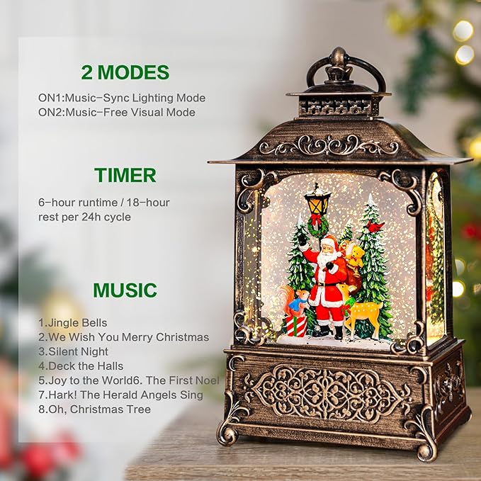 Christmas Snow Globes Lantern with Music, Santa Claus Scene Snow Globes with Water Swirling Glitter Effects, USB/Battery Powered with 6-Hour Timer, Christmas Decorations Gift