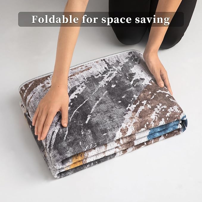 Ciicool 2x6 Washable Runner Rug, Modern Abstract Hallway Rugs Runner, Non-Slip Thin Accent Rug Lightweight Blue Grey Print Distressed Carpet for Laundry Entryway Bedroom Kitchen Bathroom Indoor