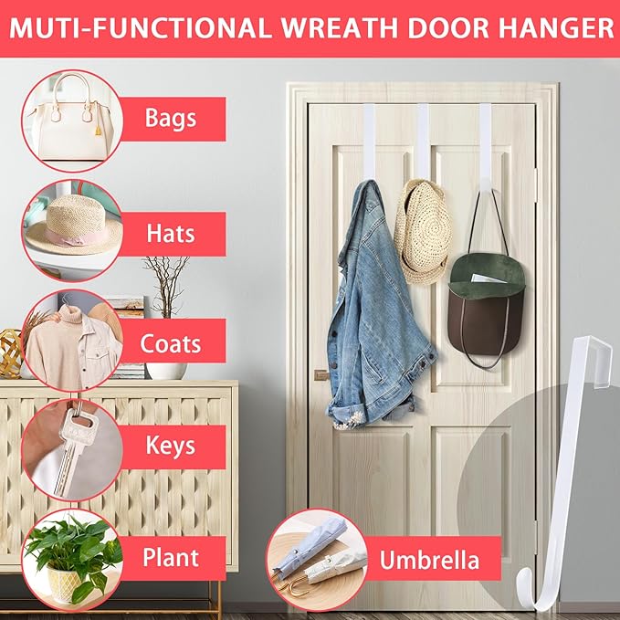 12” Metal Over the Door Wreath Hanger for Front Door, 2 Pack Non-Scratch Door Hook for Hanging Christmas Wreaths, Holiday Decor & Welcome Signs, Durable Wreath Hanger Hooks for Home Decoration, White
