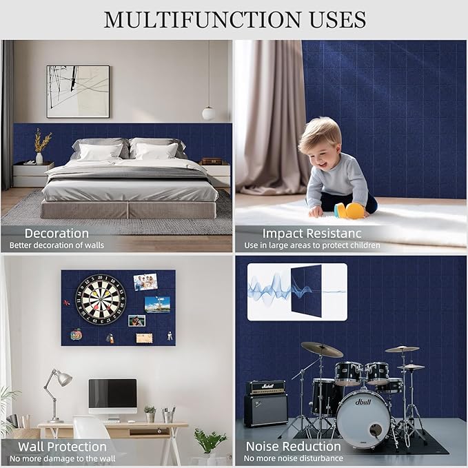 Large Felt Cork Board Alternative - 36" x 24" Bulletin Board with 30 Pushpins, 6 Pack Adhesive Cork Board, Sound Absorbing Fabric Wall Tiles, for Office Home Music Class, Dark Blue