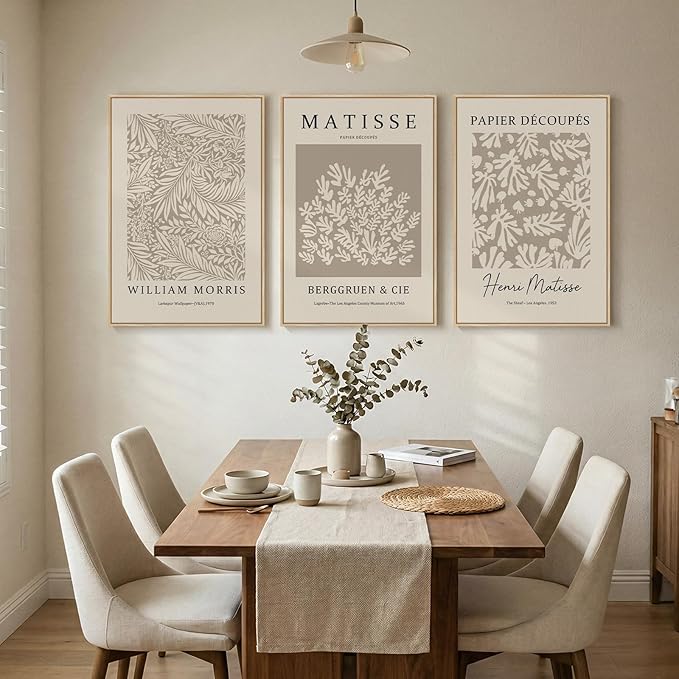 Framed Large Matisse Canvas Wall Art Set of 3, Vintage Neutral Abstract Floral Artwork Prints, Boho Beige Botanical Wall Decor for Living Room, Bedroom, Hallway and Office, Total Size 30x60